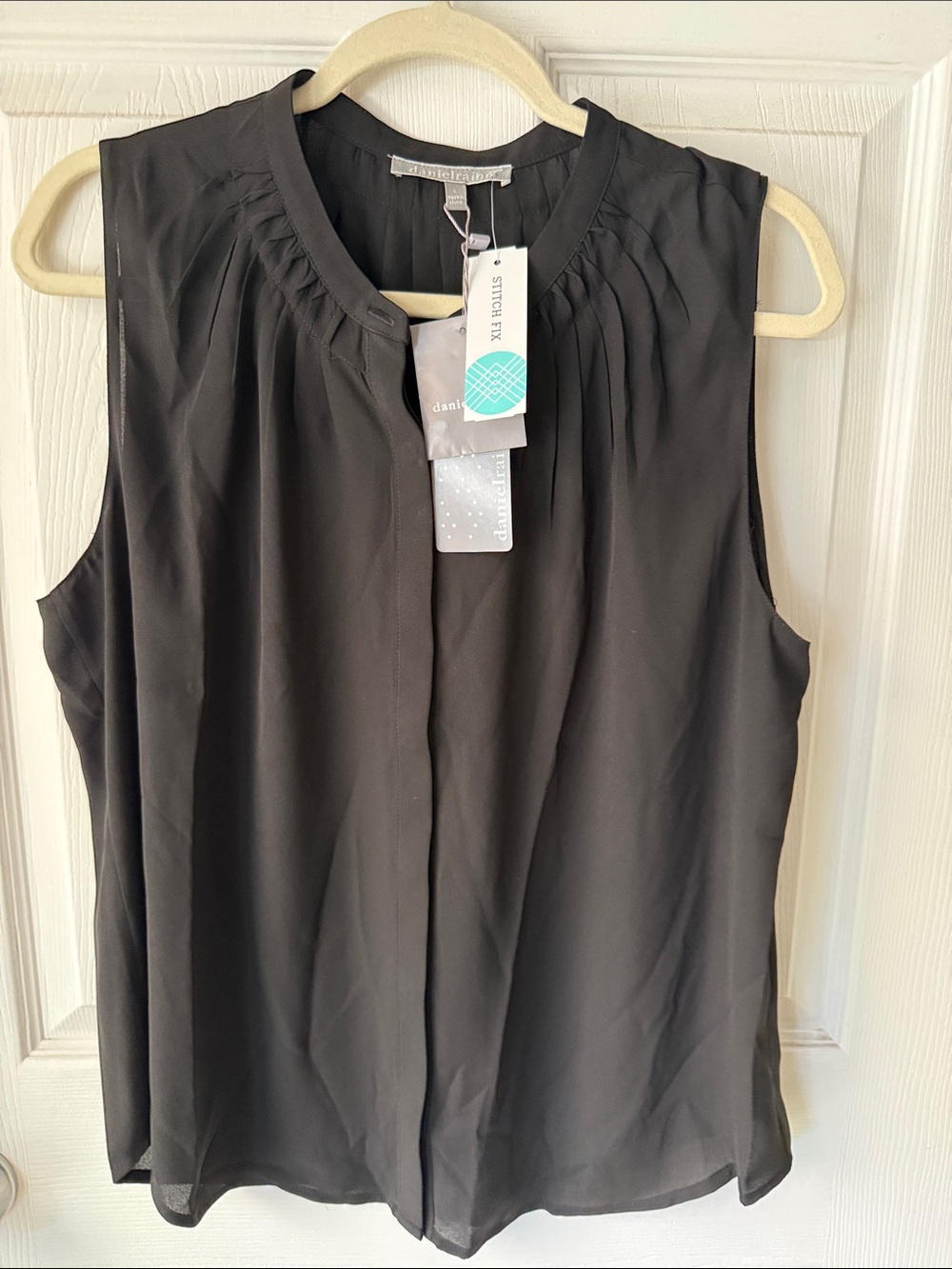 NWT- Daniel Rainn Black Sleeveless Pleated-Neck Top